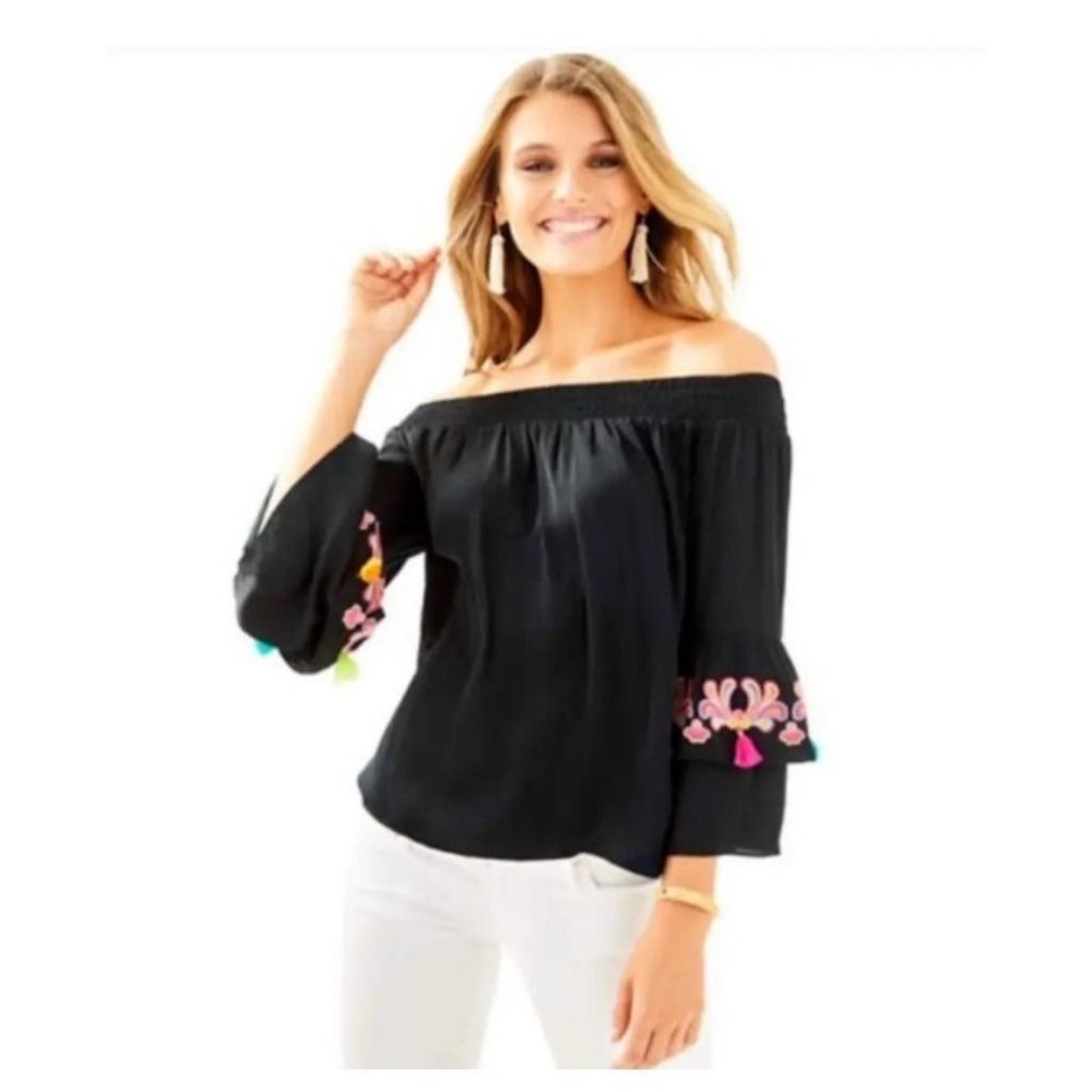 Lilly Pulitzer Tobyn Top XS Extra Small Off Shoulder Black Colorful Tassels
